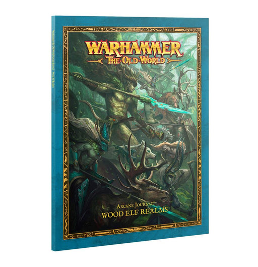 The cover of Warhammer The Old World: Wood Elf Realms - Arcane Journal showcases Wood Elf warriors and mystical beings in an enchanting, dense forest. Enhanced by ornate gold borders and vibrant colors, the artwork—drawing inspiration from Orion’s Wild Hunt—captures the wild, untamed essence of the woodland realm.