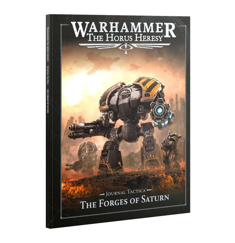 The cover shows a Legiones Astartes war machine with a glowing blue weapon, set in fiery ruins from Horus Heresy: Journal Tactica.
