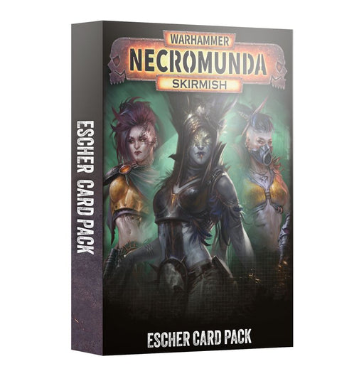Box for Necromunda: Escher Card Pack (2026), showcasing three stylized female warriors with fierce expressions and punk-inspired outfits on the cover. This official Games Workshop pack contains exclusive Escher Gang Tactics cards for Necromunda.