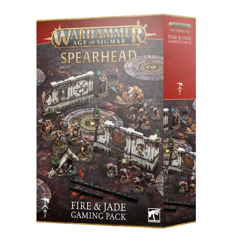 Experience epic fantasy battles with the Age of Sigmar: Fire & Jade Gaming Pack, featuring painted miniatures, detailed game components, and Sigmarite terrain with ornate ruins for immersive gameplay.