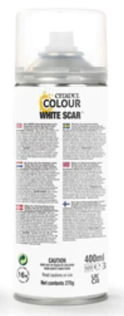 A 400ml can of Citadel Spray Paints: White Scar—ideal for undercoating or basing plastic models. Features a white cap and multilingual instructions.