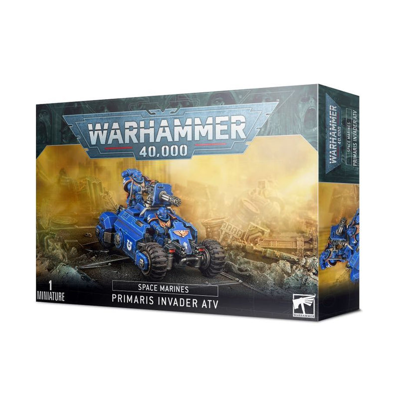 Warhammer 40k: Primaris Invader ATV box with plastic parts to build a blue-armored Space Marines vehicle and riders.