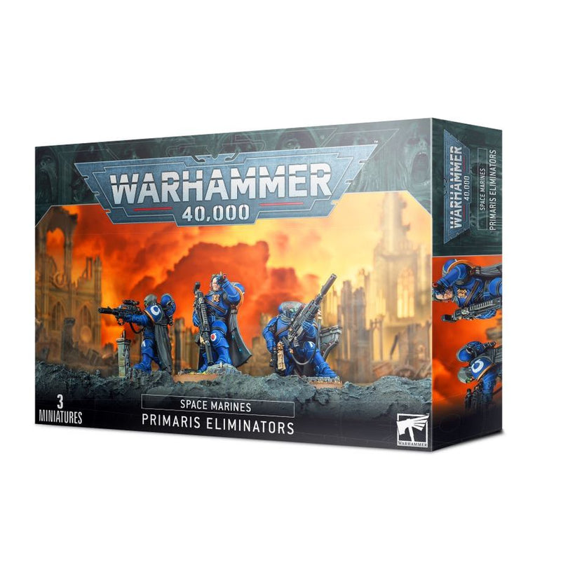 Warhammer 40k: Space Marines - Primaris Eliminators box with three blue-armored miniatures, each wielding weapons and set against a fiery, ruined city backdrop.