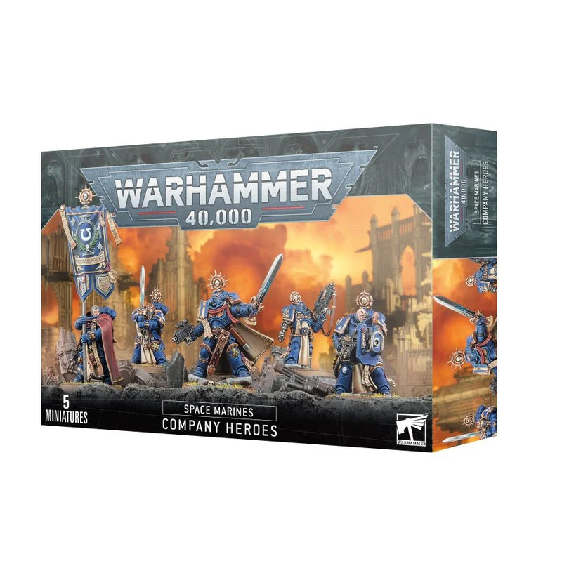 Warhammer 40k: Space Marines - Company Heroes by Games Workshop features five blue-armored miniatures amid ruins and a fiery sky.