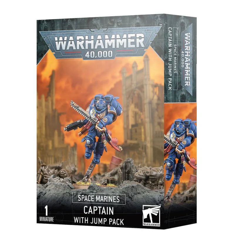 Warhammer 40k: Space Marines Captain with Jump Pack miniature, painted and flying over ruins on a Citadel 40mm base, branded boldly.