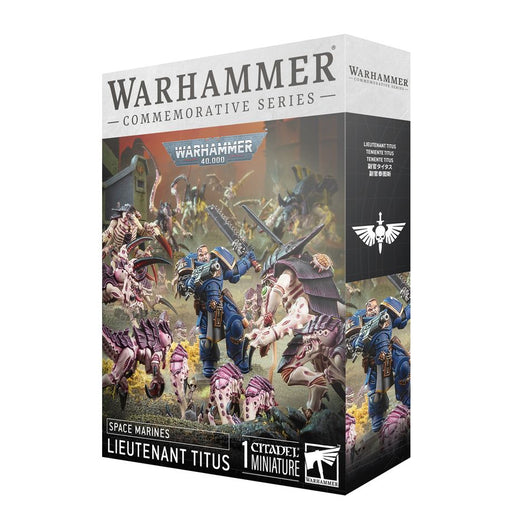 Box of Warhammer 40k: Space Marines - Lieutenant Titus from Games Workshop, featuring artwork of blue-armored Ultramarines fighting pink Tyranids. Includes one plastic miniature kit.