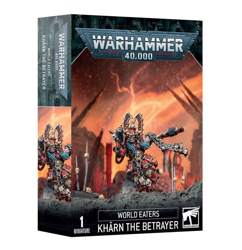 Box for Warhammer 40k: World Eaters - Kharn the Betrayer, showing an armored warrior with axes in a fiery battlefield. Features Warhammer miniatures and Games Workshop logos.