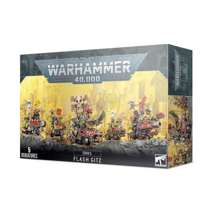 Box of Warhammer 40k: Ork Flash Gitz miniatures from Games Workshop, featuring five painted Ork figures assembled from a plastic kit and posed on vehicles against a yellow industrial background.