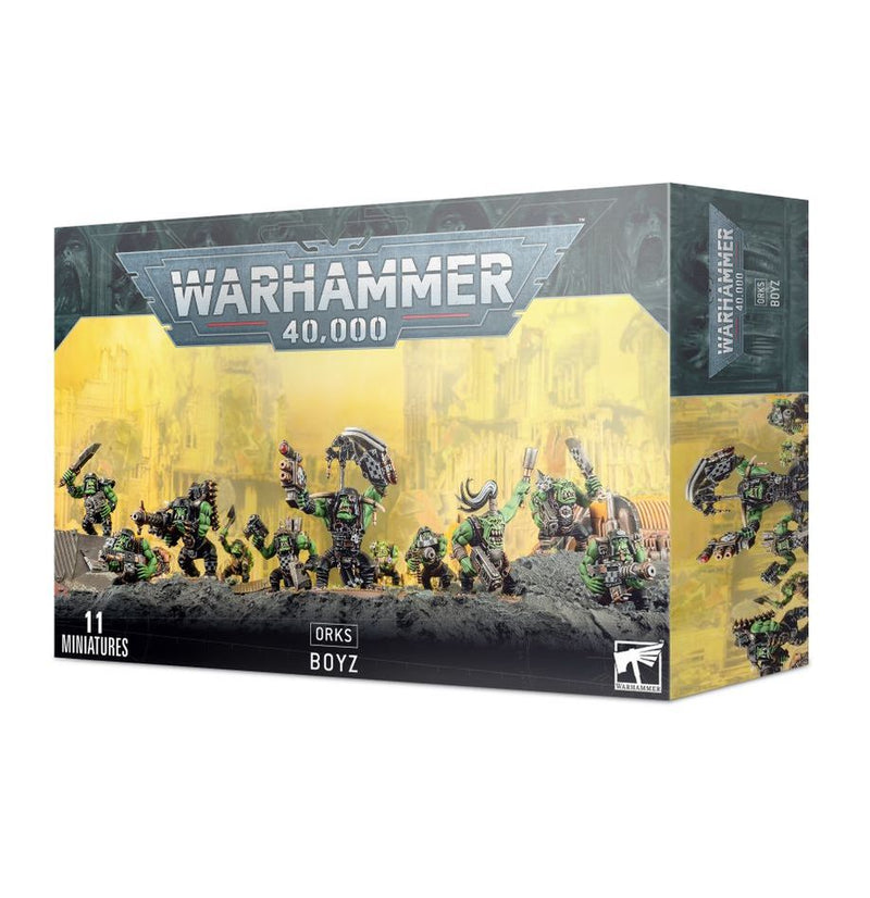 The Warhammer 40k: Ork Boyz box set by Games Workshop features painted ork miniatures in a battle scene, with logo and "11 Warhammer miniatures" on the packaging.