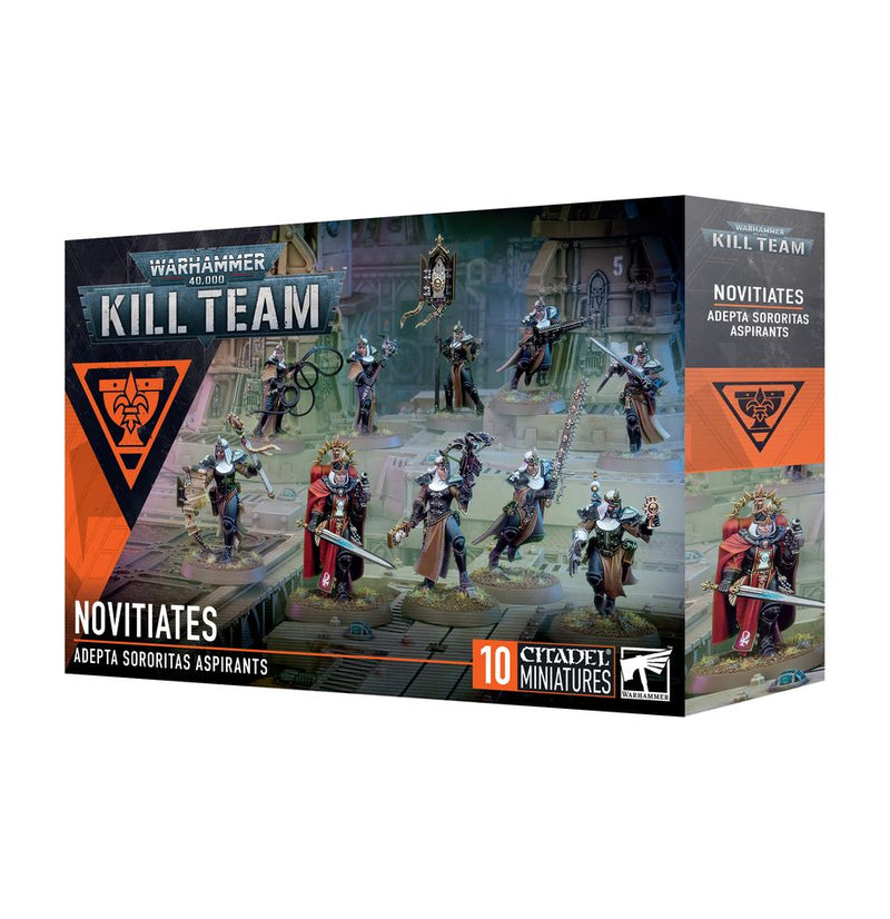 Box of Warhammer 40k: Kill Team - Novitiates (Legacy Kit) miniatures from Games Workshop, featuring assembled and painted Adepta Sororitas Aspirants on the cover with striking orange and black branding and product details.