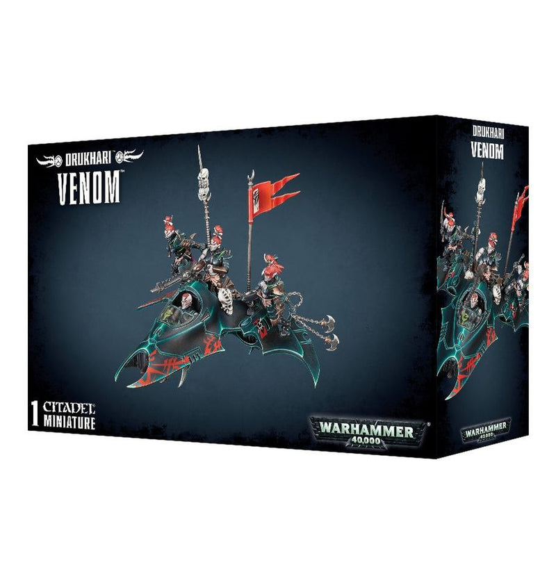 The Warhammer 40k: Drukhari Venom box from Games Workshop shows unpainted sci-fi warriors on a black and turquoise hovercraft.