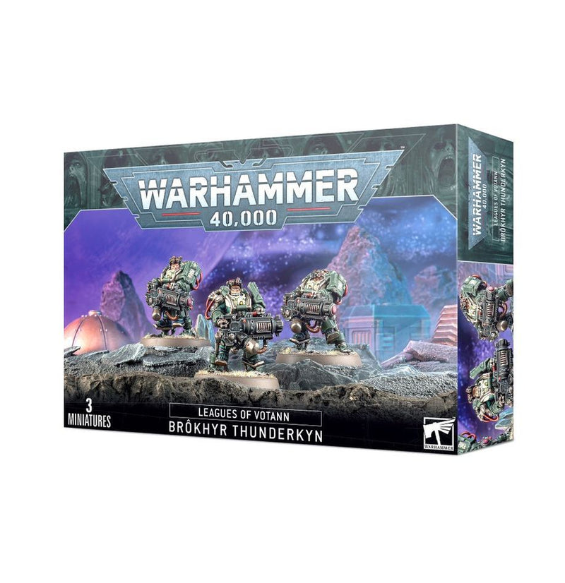 The Warhammer 40k: Leagues of Votann: Brokhyr Thunderkyn box includes miniatures and Citadel 40mm Round Bases. The box art shows three armored sci-fi figures on a rocky alien landscape.