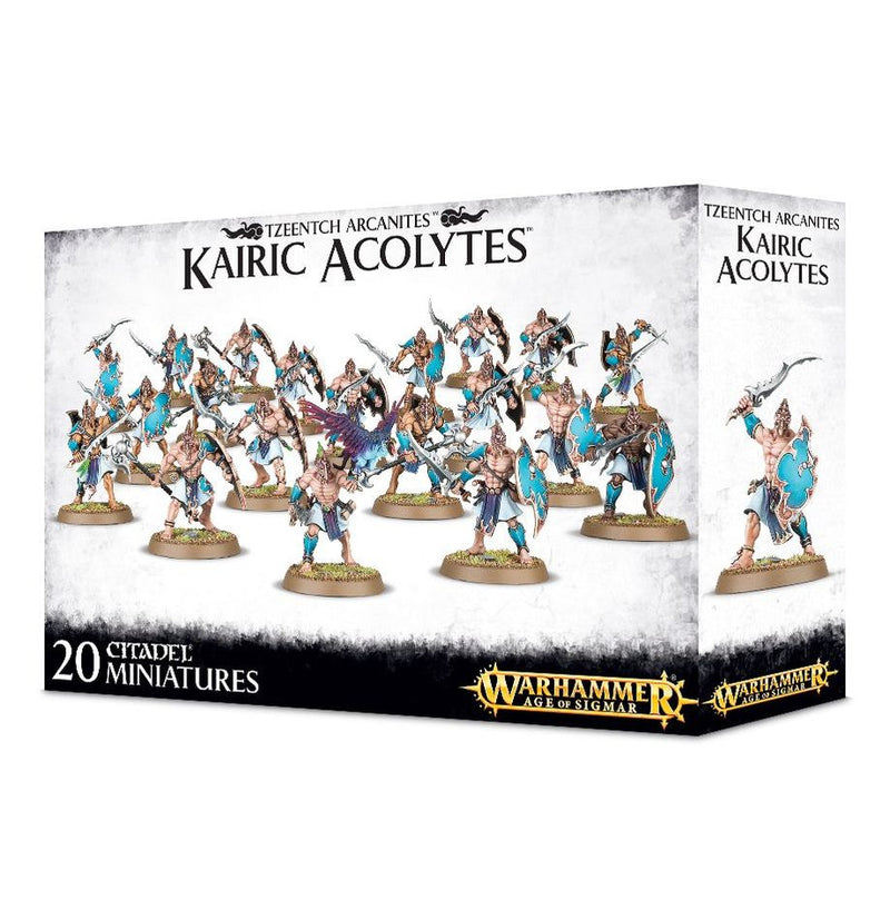 Box of Age of Sigmar: Disciples of Tzeentch: Kairic Acolytes miniatures by Games Workshop, featuring 20 detailed fantasy warrior models with blue shields and weapons in dynamic poses on the front, supplied with Citadel 32mm round bases.