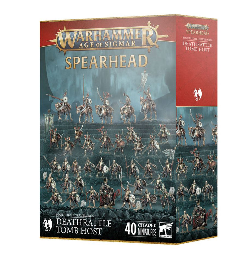 Warhammer Age of Sigmar: Soulblight Gravelords – Spearhead: Deathrattle Tomb Host (2025) box set by Games Workshop, featuring skeleton warrior miniatures with product details on the packaging.