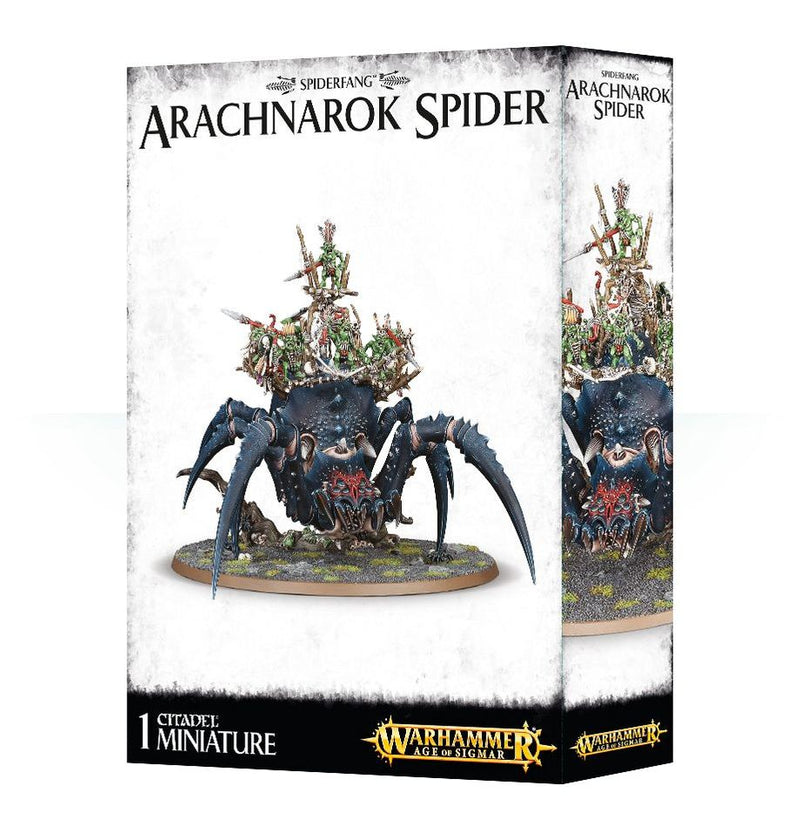 Box of Warhammer Age of Sigmar: Gloomspite Gitz - Arachnarok Spider by Games Workshop, showcasing a large black spider with red markings and goblins riding on its back, set against a white background—a striking addition to any Warhammer miniatures collection.