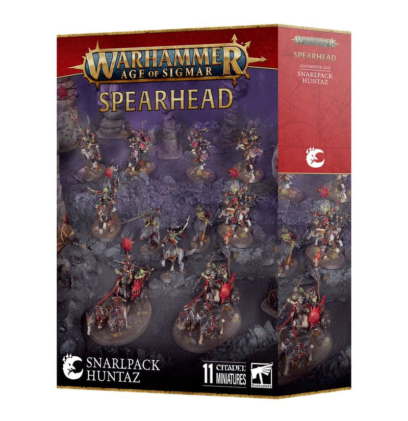 Box of Warhammer Age of Sigmar: Gloomspite Gitz - Spearhead: Snarlpack Huntaz by Games Workshop, showing painted miniatures led by a Snarlboss, with product details and Warhammer branding on the packaging.