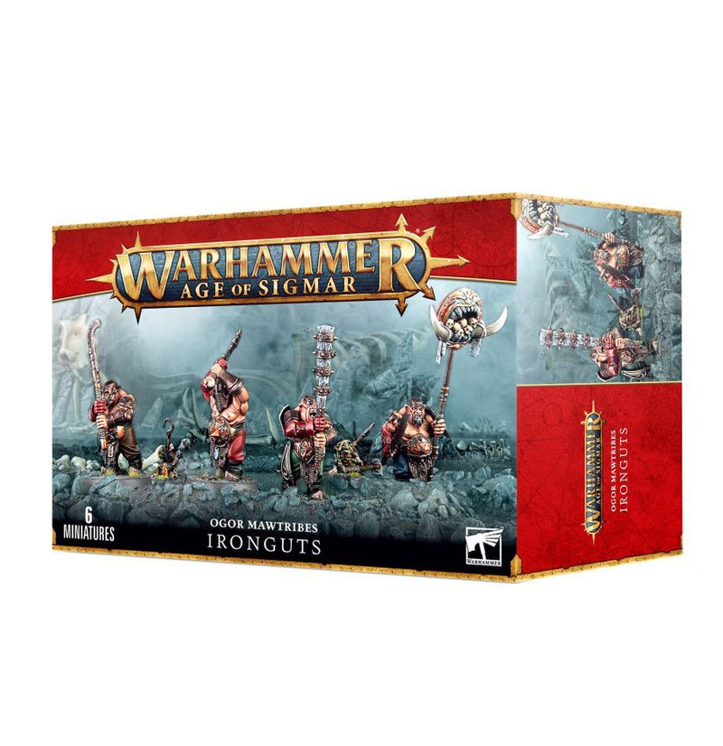 The Warhammer Age of Sigmar: Ogor Mawtribes - Ironguts box includes six ogre miniatures with large weapons, displayed against a red and yellow background featuring the logo and product details.