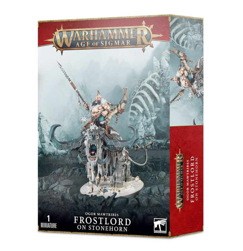 The Warhammer Age of Sigmar: Ogor Mawtribes - Frostlord on Stonehorn features a warrior riding a tusked beast in snow.