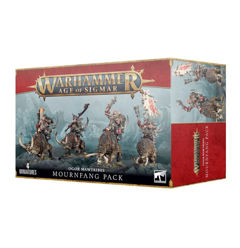A box of Warhammer Age of Sigmar: Ogor Mawtribes - Mournfang Pack, with four armored ogors riding tusked beasts and bold artwork.