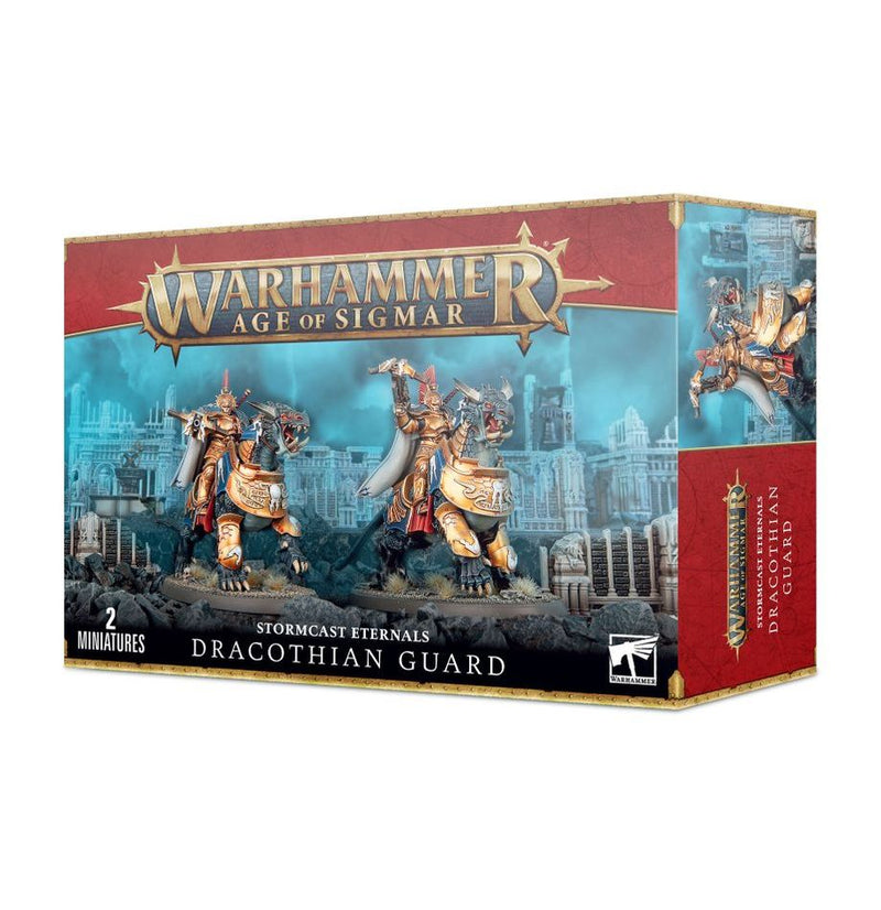 Box of Warhammer Age of Sigmar: Stormcast Eternals - Dracothian Guard with two armored knights on draconic mounts with weapons.