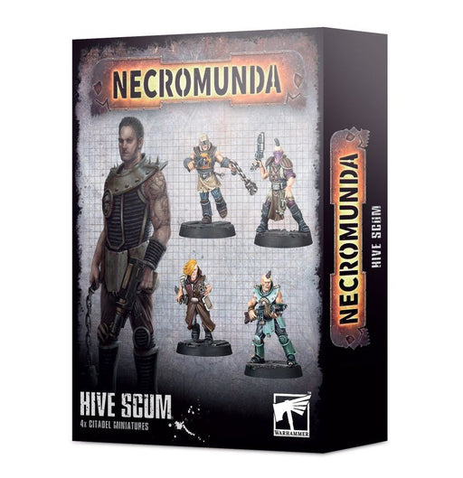 Box for Necromunda: Hive Scum miniatures. The front displays four painted sci-fi figures and one larger character, with the "Necromunda" and "Hive Scum" titles featured prominently. The Warhammer logo appears at the bottom. Ideal for expanding your Underhive Outcasts or adding to Necromunda Outcast Gangs collections.