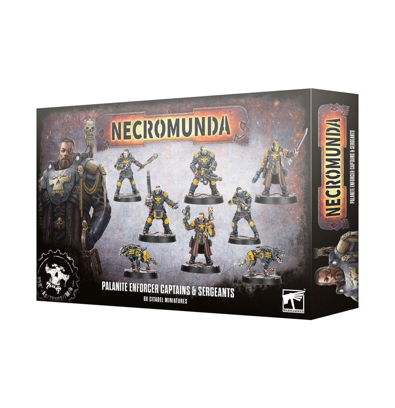 The Necromunda: Palanite Enforcer Captains & Sergeants set features armored leaders with weapons against a dark backdrop.