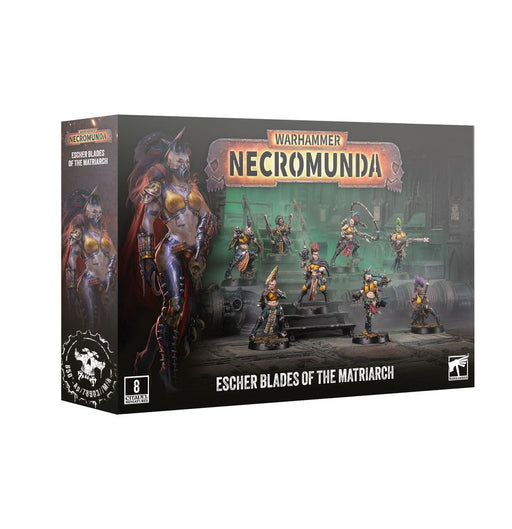 Box of Necromunda: Escher Blades of the Matriarch miniatures by Games Workshop, showcasing painted female warriors in futuristic attire set against a dark industrial backdrop.