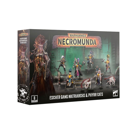 Necromunda: Escher Matriarchs & Phyrr Cats by Games Workshop, a miniatures set featuring painted figures of Escher gang leaders and mutant felines against a dark, industrial-themed backdrop.