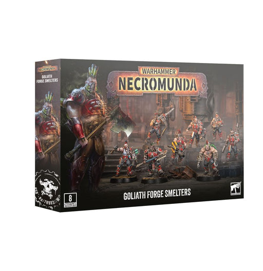 Box of Necromunda: Goliath Forge Smelters miniatures, showcasing painted figures posed before an industrial backdrop. The packaging highlights that 8 miniatures are included in the set.