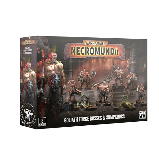 Box of Necromunda: Goliath Forge Bosses & Sumpkrocs miniatures, featuring eight intricately painted figures along with two reptilian Sumpkrocs displayed on the front.