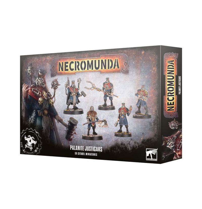 The Necromunda: Palanite Justicars box shows five painted sci-fi soldier miniatures, gritty art, and the bold Necromunda logo.