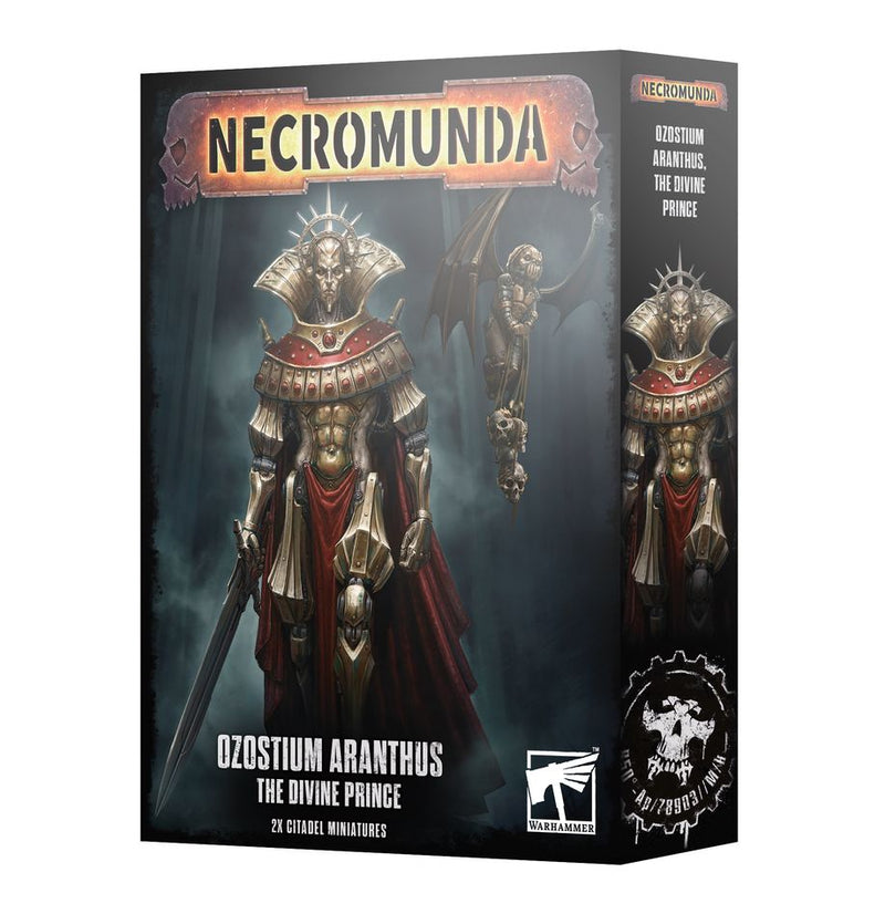 The Necromunda: Ozostium Aranthus box art shows a regal, armored figure with bat-like wings, perfect for miniatures collectors.