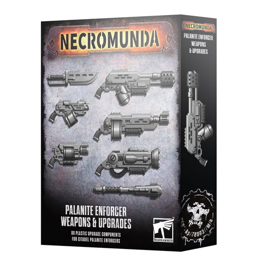 Box for Necromunda: Enforcer Weapons & Upgrades by Games Workshop, showcasing grayscale sci-fi weapons and gear for Enforcer minis, with visible Warhammer and Necromunda logos.