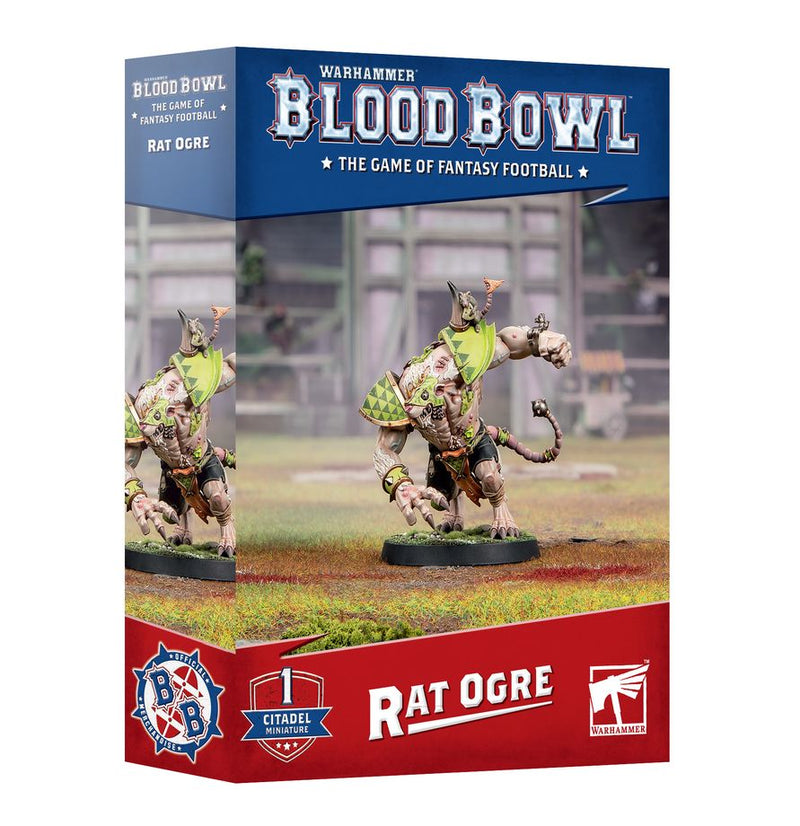 Box of Blood Bowl: Rat Ogre miniature, showcasing artwork of a massive armored rat creature posed on a game field. The packaging features official Games Workshop branding, along with the Blood Bowl and Warhammer logos, and contains a Citadel 40mm Round Base for assembling the miniature.