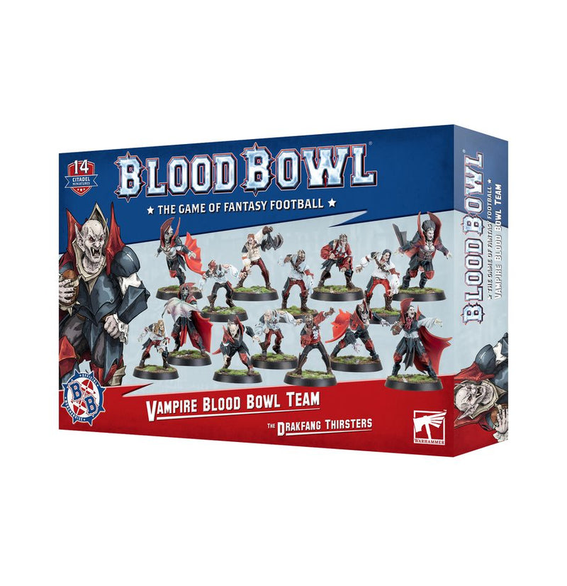 A box of Blood Bowl: Vampire Blood Bowl Team: The Drakfang Thirsters miniatures, showcasing painted vampire players and Thrall Linemen in dynamic poses. The packaging features blue and red colors, with a vampire illustration on the left side and product branding across the front.