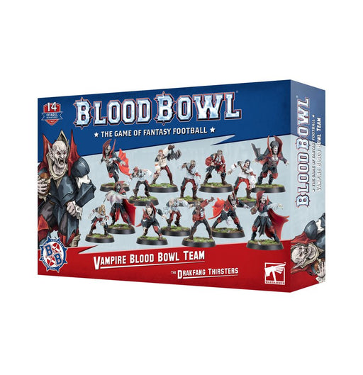 A box of Blood Bowl: Vampire Blood Bowl Team: The Drakfang Thirsters miniatures, showcasing painted vampire players and Thrall Linemen in dynamic poses. The packaging features blue and red colors, with a vampire illustration on the left side and product branding across the front.