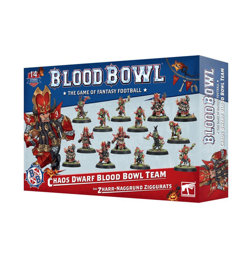 The Blood Bowl: Chaos Dwarf Blood Bowl Team: The Zharr-Naggrund Ziggurats boxed set includes 12 red-armored miniatures, displayed on the box with the team name.