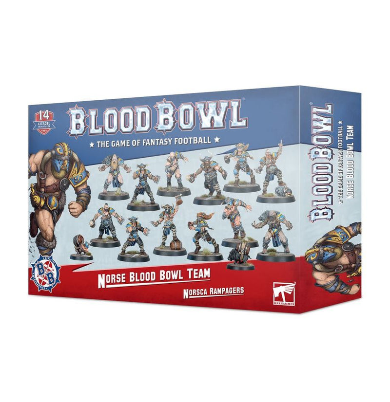 Box for Blood Bowl: Norse Blood Bowl Team – Norsca Rampagers, showcasing painted Viking-themed fantasy football miniatures and the game’s logo on a blue and red background.