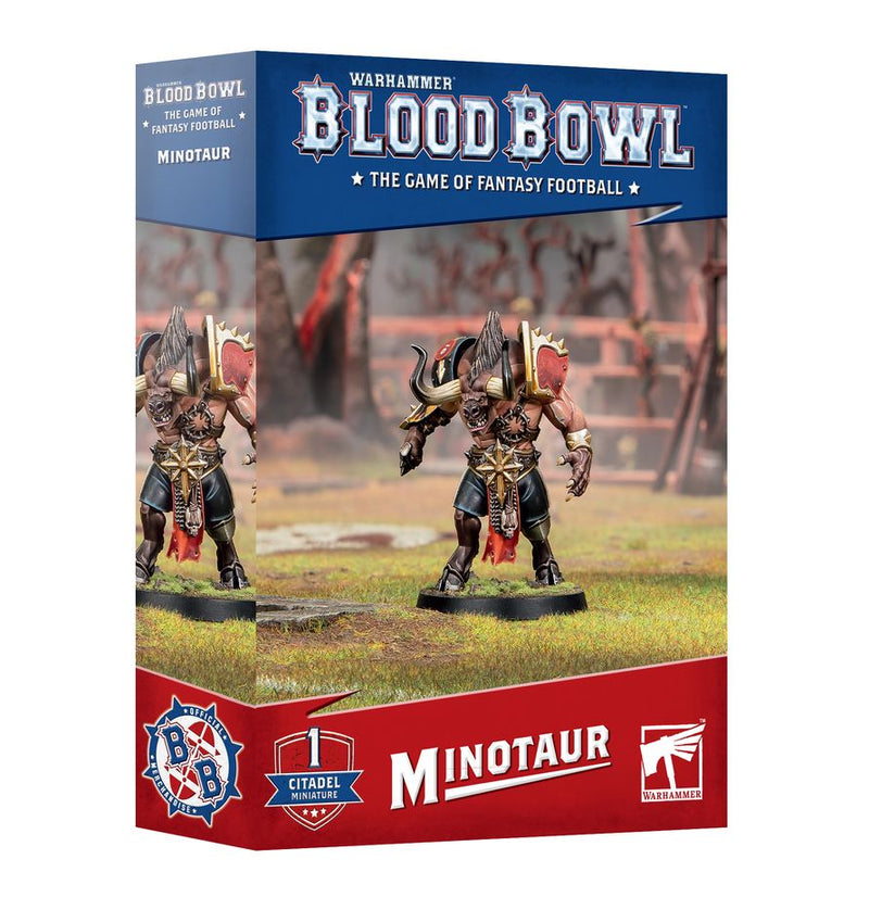 Blood Bowl: Minotaur by Games Workshop, featuring a painted minotaur miniature displayed on the box front with a fantasy sports field backdrop, official game logos, and includes a Citadel 40mm Round Base.
