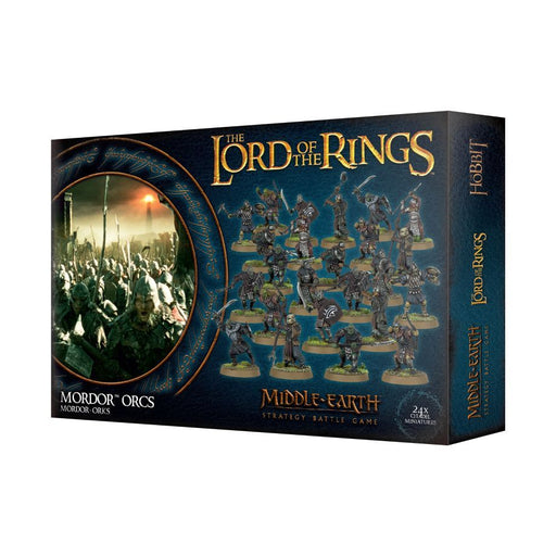 Box for LOTR: Middle Earth Strategy Game: Mordor Orcs, featuring miniatures of Mordor Orcs; the cover displays painted Orc warriors and includes an image from the film showing orcs in battle.