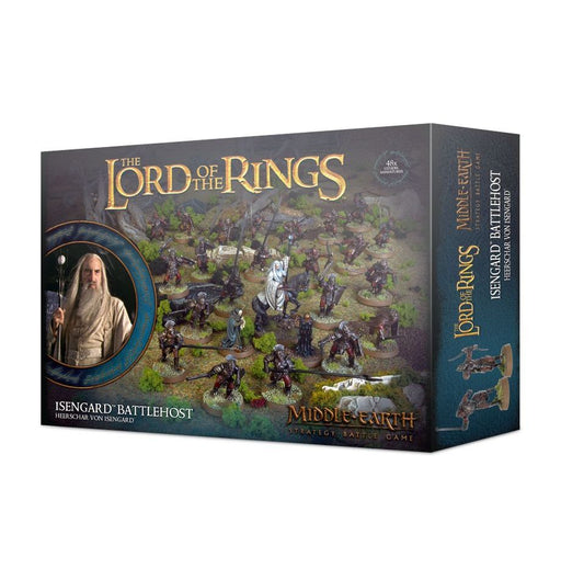 Box of “LOTR: Middle Earth Strategy Game: Isengard Battlehost,” featuring Uruk-hai miniatures and Saruman, with an image of Saruman on the left side of the box.