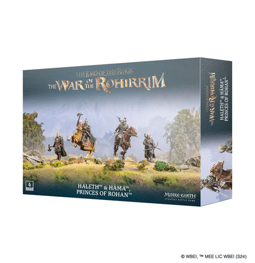 Box of LOTR: Middle Earth Strategy Game: Haleth & Hama, Princes of Rohan, featuring detailed miniatures of Haleth, Háma, and other Rohan horsemen from the Army of Edoras, all shown as painted figures on a grassy battlefield.