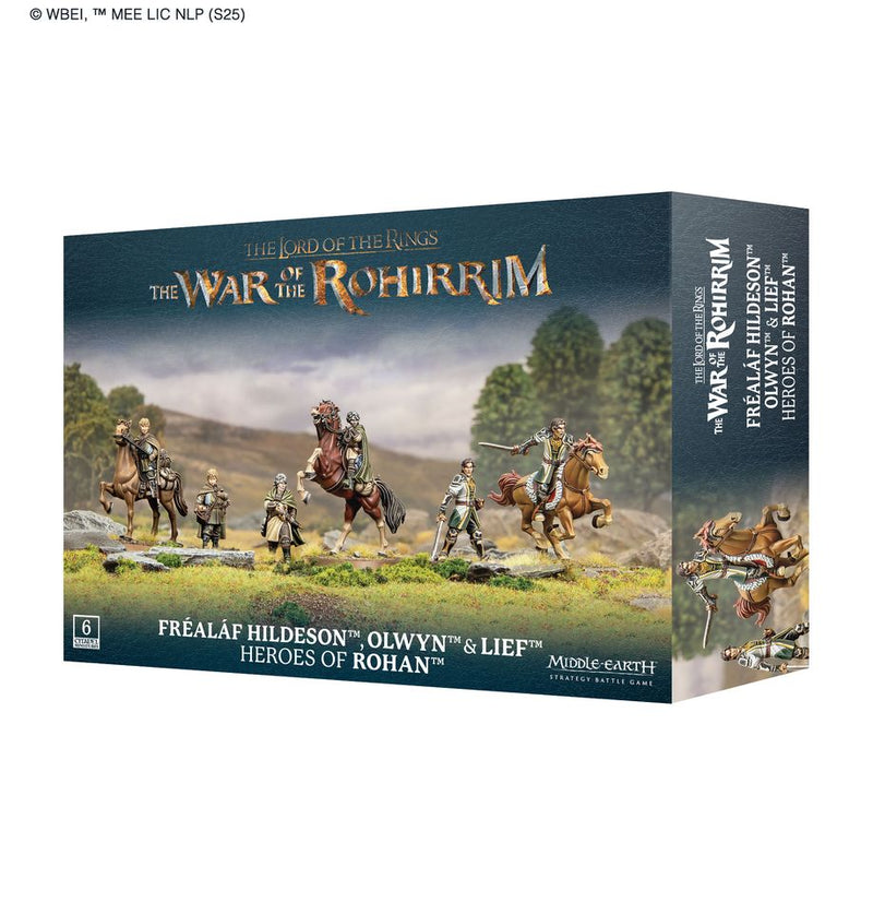 Box of LOTR: Middle Earth Strategy Game: Frealeaf Hildeson & Olwyn & Lief miniatures set by Games Workshop, featuring six painted miniatures of horsemen and warriors on citadel bases across a grassy terrain, labeled as Heroes of Rohan.