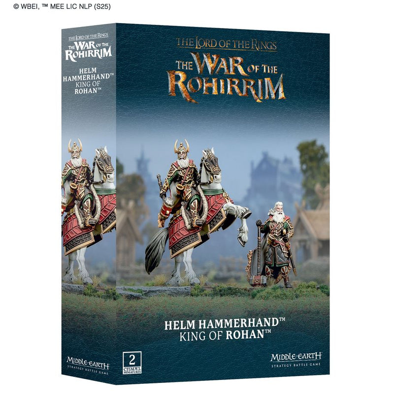 Box art for LOTR: Middle Earth Strategy Game: Helm Hammerhand King of Rohan from Games Workshop, with two armored miniatures—one mounted—all labeled Helm Hammerhand, King of Rohan.