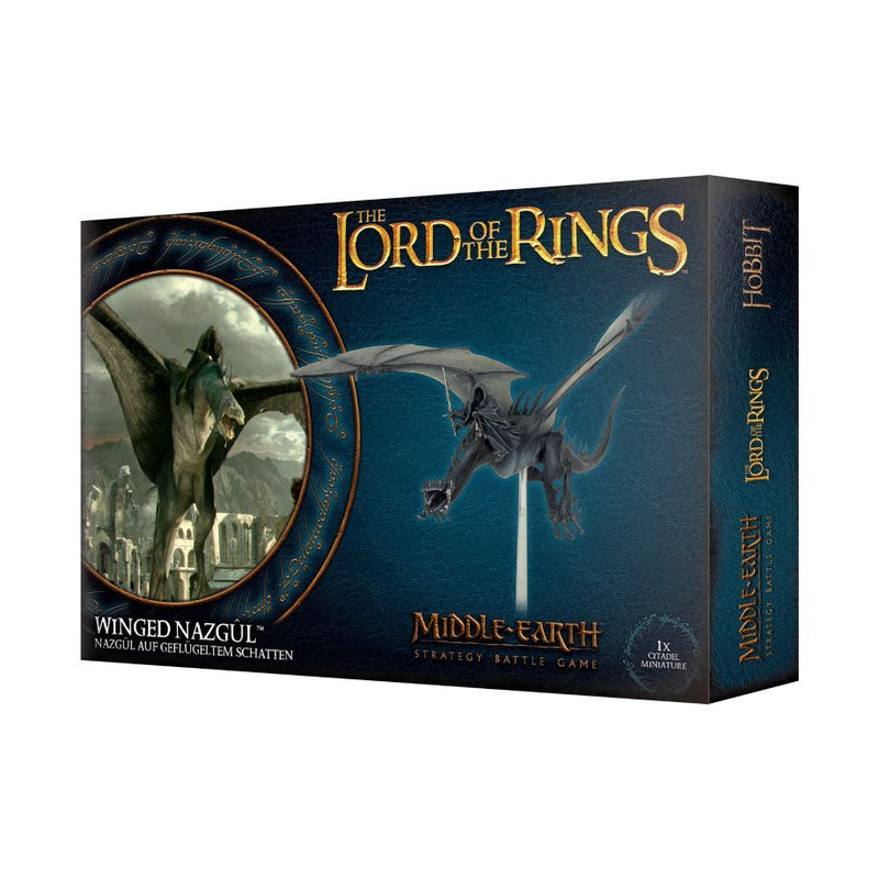 A box for LOTR: Middle Earth Strategy Game: Winged Nazgul, showing a Ringwraith on a Fell Beast flying over a city and branding.