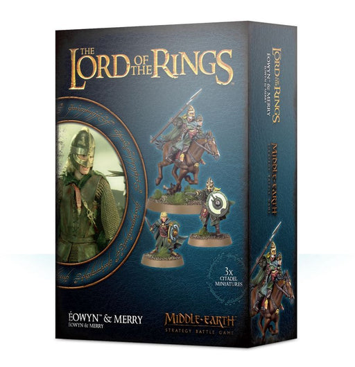 Box for LOTR: Middle Earth Strategy Game: Eowyn and Merry, featuring images of the Eowyn miniature on horseback, Eowyn standing, and Merry, along with movie artwork of the Rohan shield maiden.