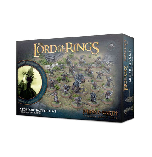 Box of LOTR: Middle Earth Strategy Game: Mordor Battlehost miniatures, featuring painted figures and a silhouette of Sauron and the Witch-king of Angmar on the front.