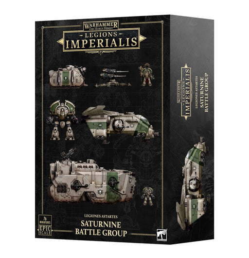 Box of Horus Heresy: Legions Imperialis Legions Astartes Saturnine Battle Group by Games Workshop, featuring tanks, vehicles, and Saturnine Terminator Squads in green and white armor on a black background.