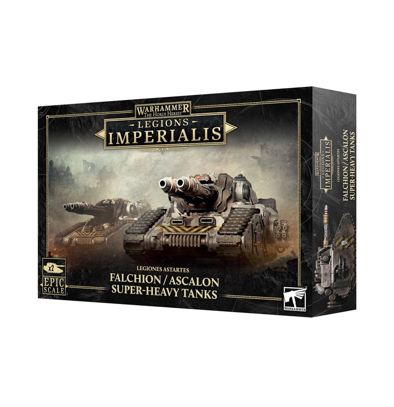 A box for Horus Heresy: Legions Imperialis: Falchion & Ascalon Super-Heavy Tanks shows two painted tank miniatures on a smoky battlefield.