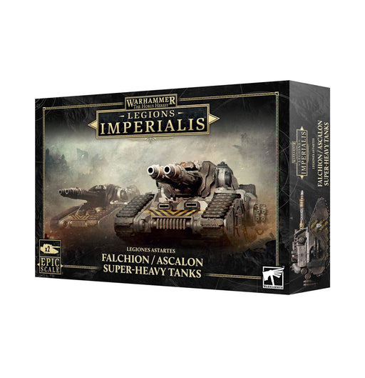 A box for Horus Heresy: Legions Imperialis: Falchion & Ascalon Super-Heavy Tanks shows two painted tank miniatures on a smoky battlefield.